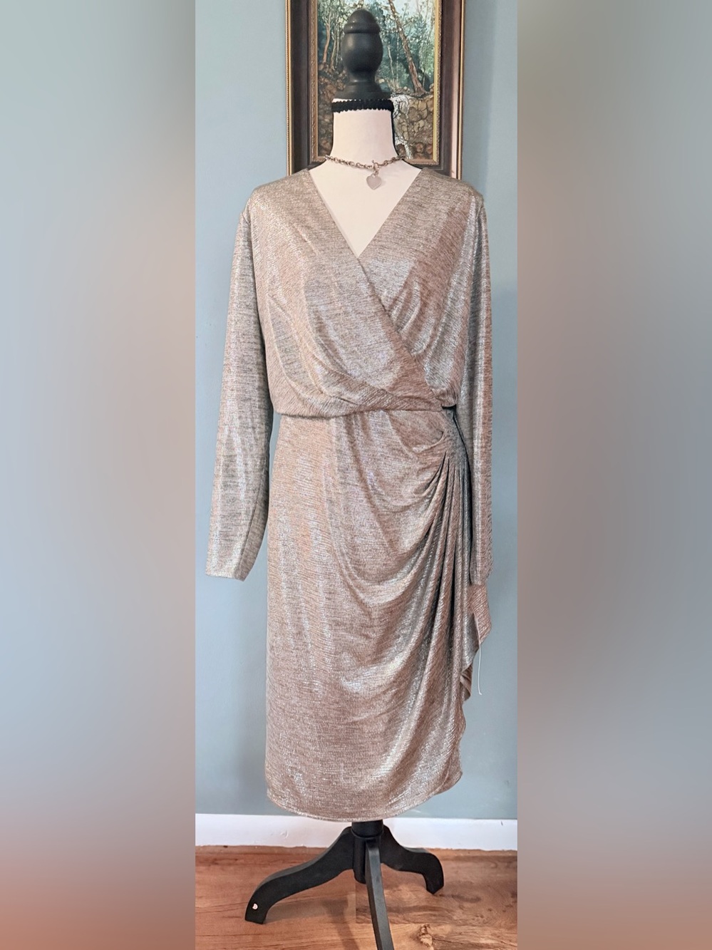 London Times Metallic Faux Wrap Long Sleeve Cocktail Dress Silver 16W NWT